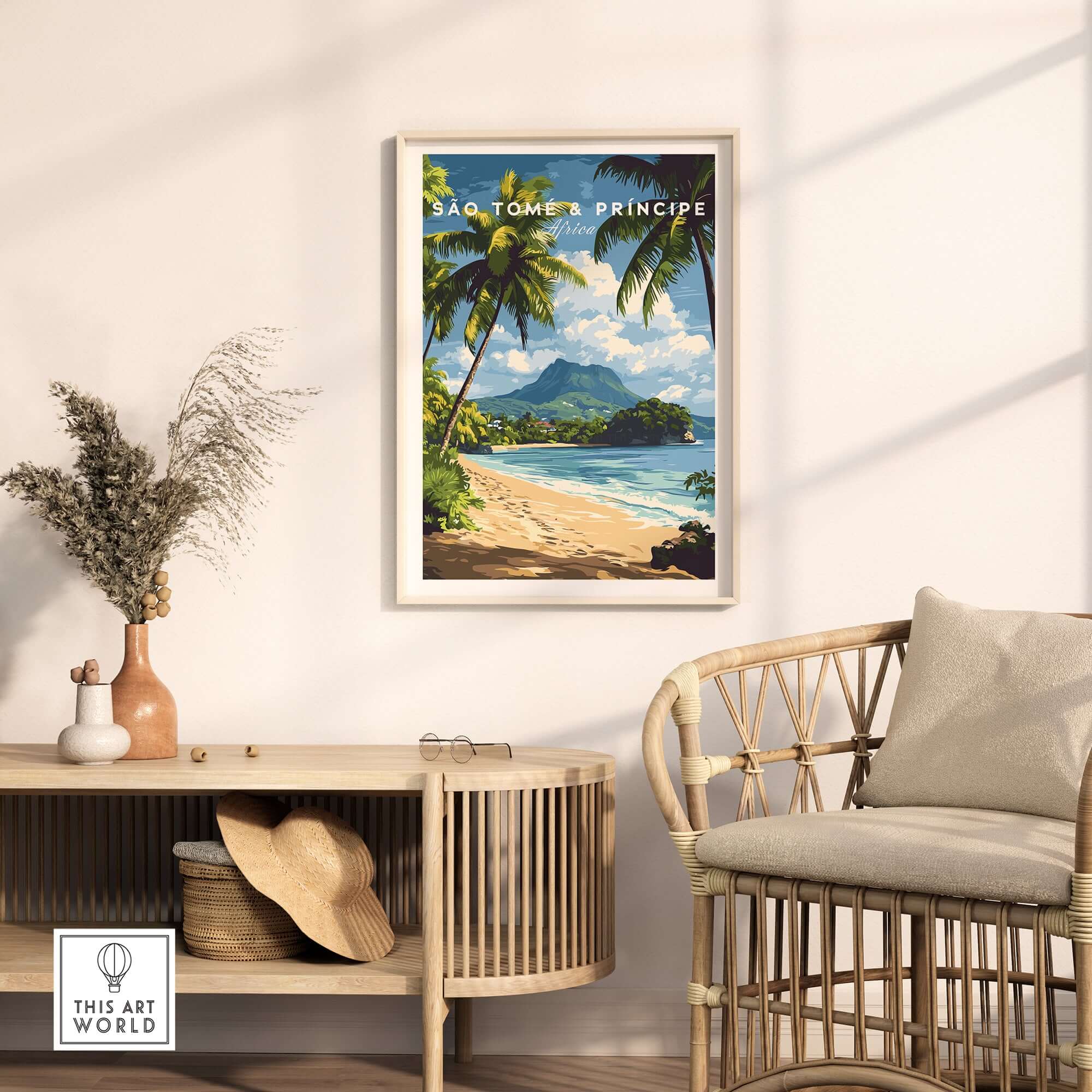 São Tomé & Príncipe: Coastal Paradise Travel Print displayed in a modern interior setting with tropical elements.