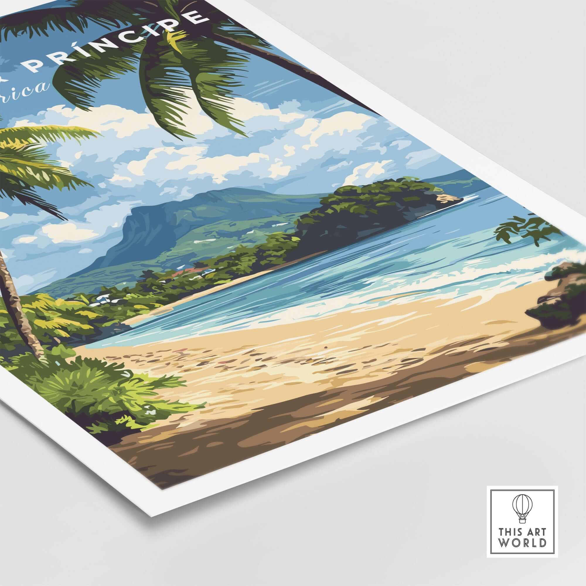 São Tomé & Príncipe: Coastal Paradise Travel Print showcasing a tropical beach and lush landscapes.