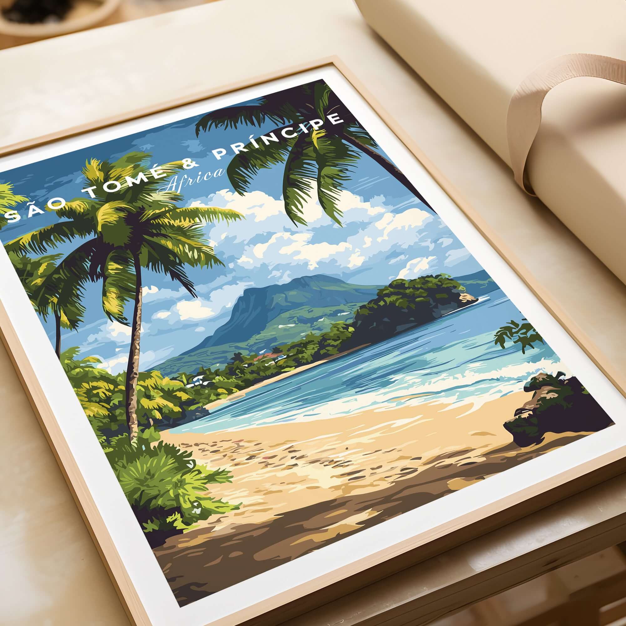 São Tomé & Príncipe: Coastal Paradise Travel Print showcasing a beach and mountains with palm trees.