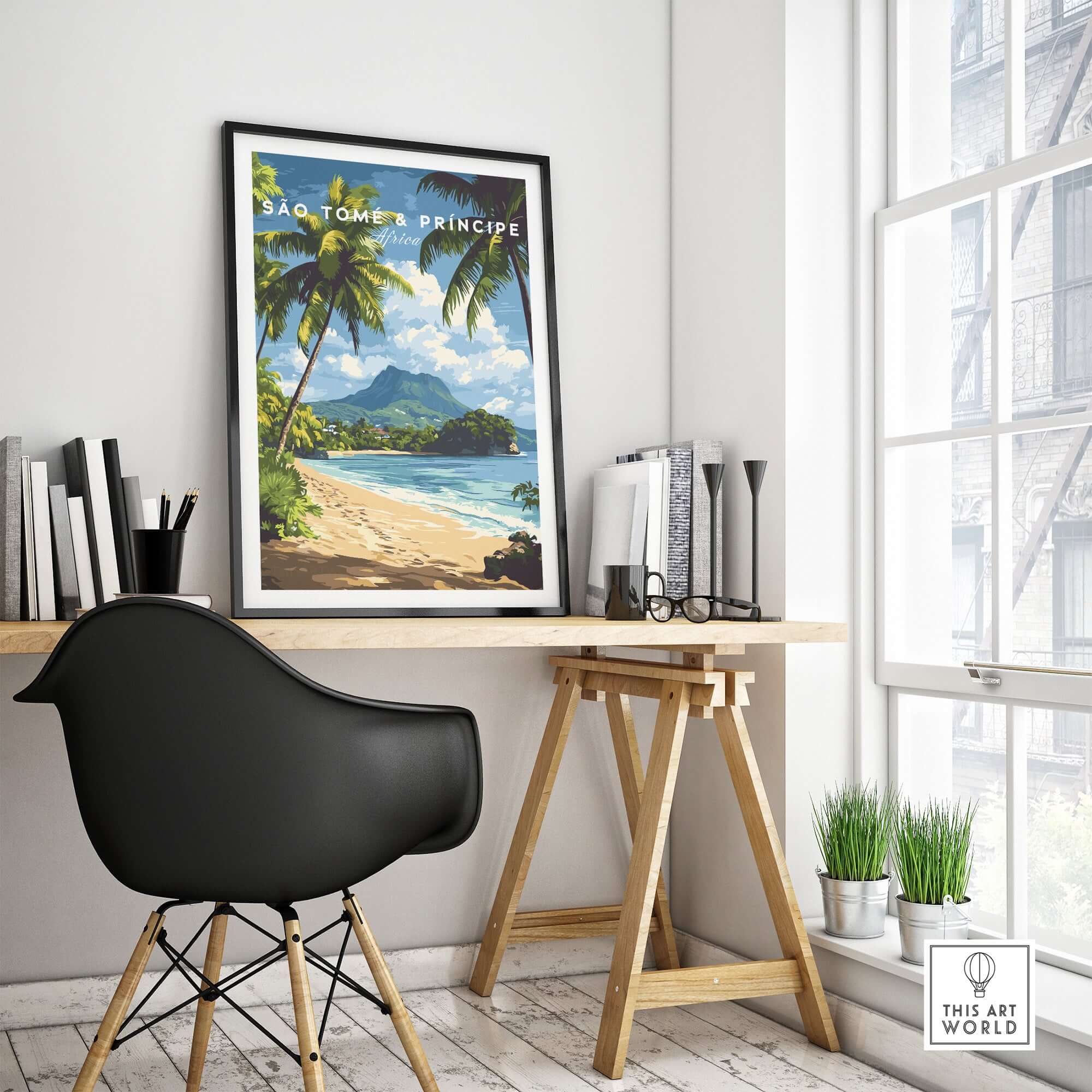 São Tomé & Príncipe: Coastal Paradise Travel Print framed in a modern office setting with plants and a unique chair.