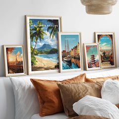 São Tomé & Príncipe: Coastal Paradise Travel Print displayed among other travel prints in a cozy home setting.