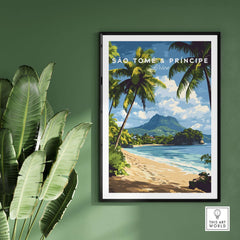São Tomé & Príncipe: Coastal Paradise Travel Print showcasing tropical landscape and beach scene.