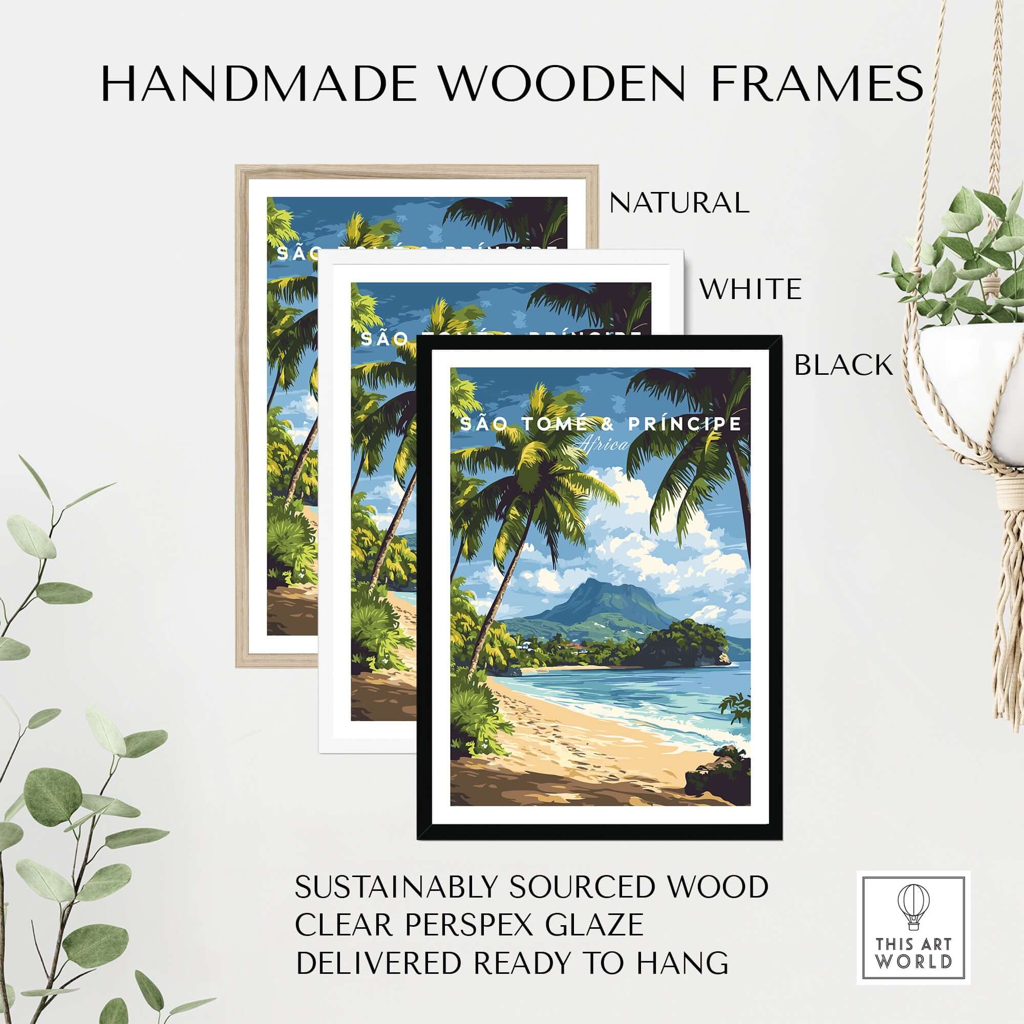 São Tomé & Príncipe: Coastal Paradise Travel Print displayed in handmade wooden frames in natural, white, and black finishes.