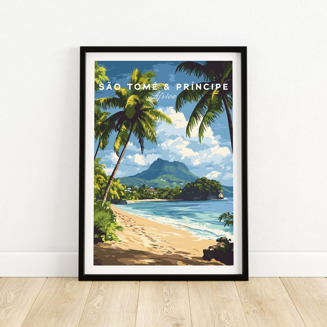 Framed print of São Tomé & Príncipe showcasing tropical beach, mountains, and palm trees, perfect for travel enthusiasts.