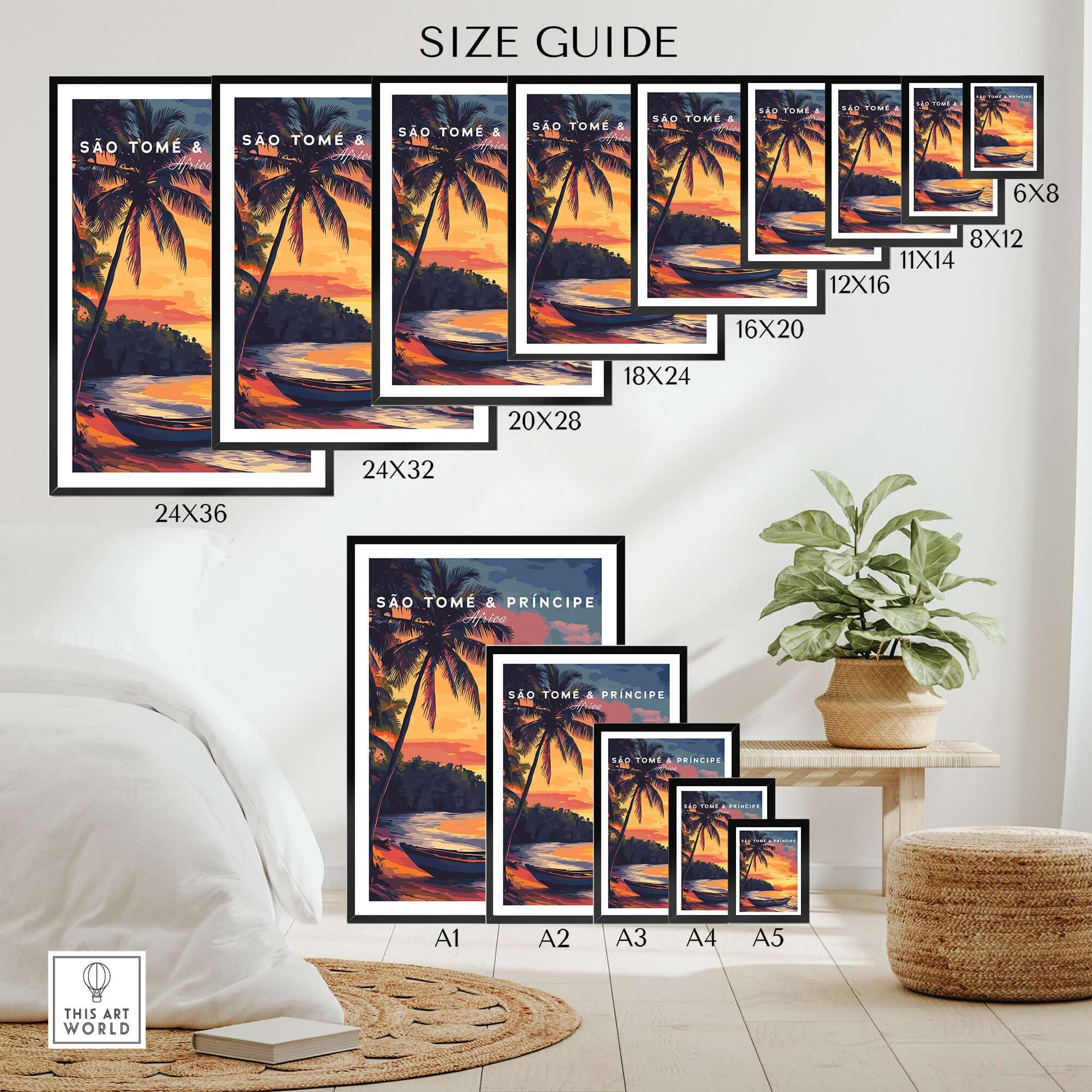 São Tomé Sunset Bliss - Beach Print size guide showcasing various frame sizes and tropical sunset art.