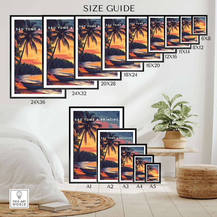 Size guide for São Tomé Sunset Bliss beach print in various dimensions, displayed in a cozy living room setting.