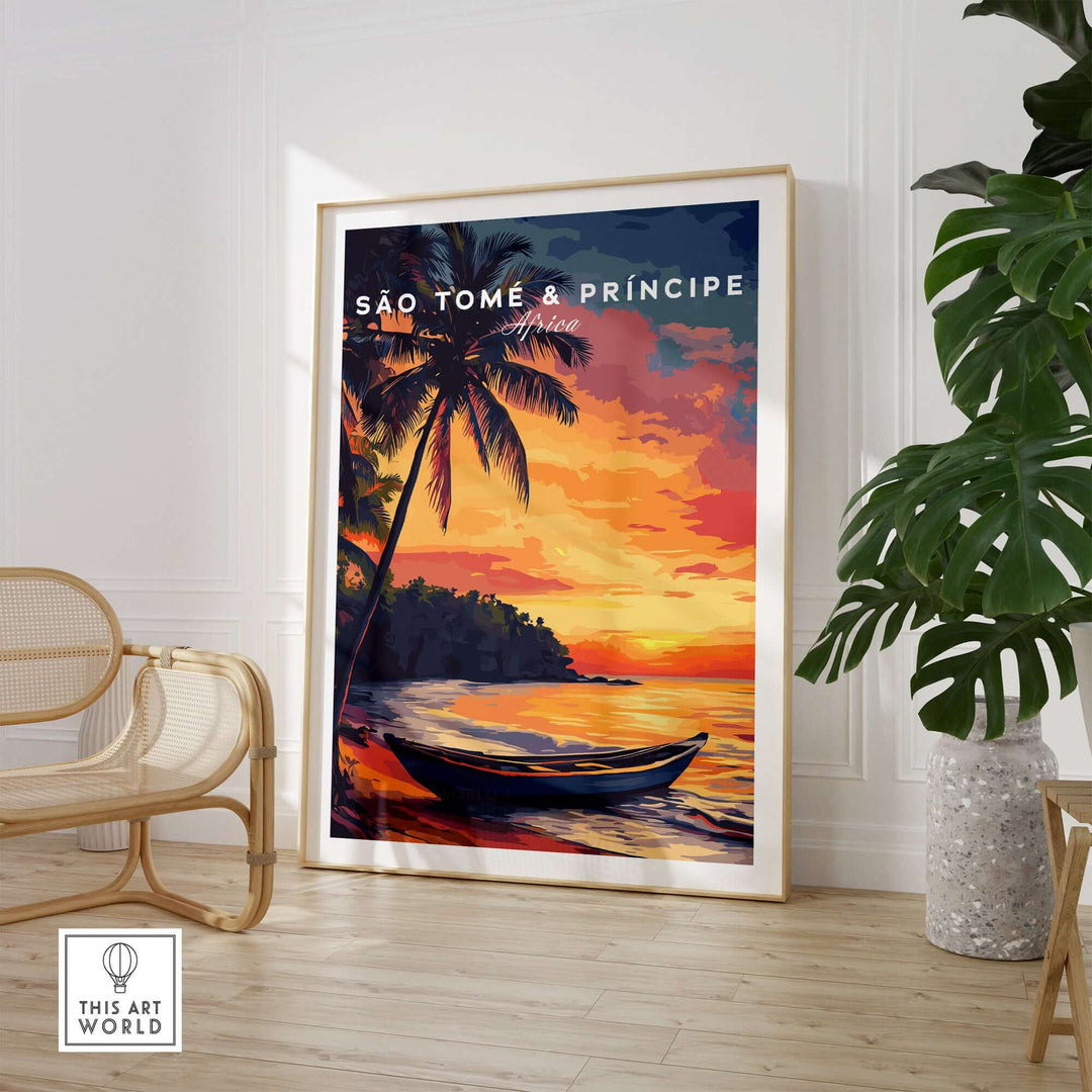 Vibrant São Tomé sunset beach print with palm trees and a boat, creating a tropical paradise vibe in home decor.