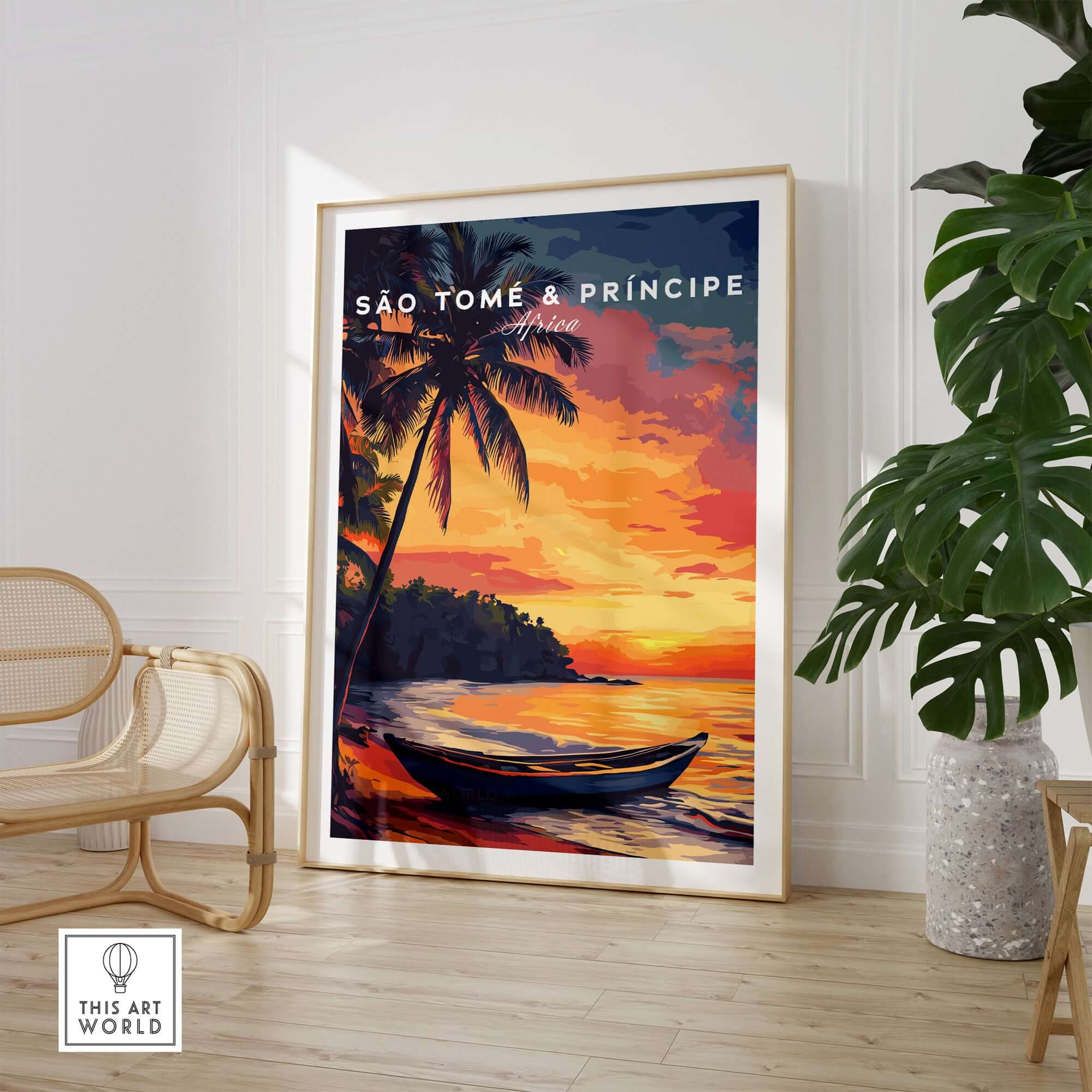 São Tomé Sunset Bliss - Beach Print featuring vibrant sunset colors and tropical scenery.