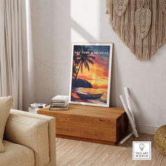 São Tomé Sunset Bliss - Beach Print showcasing a vibrant sunset and tropical scene in a stylish room.