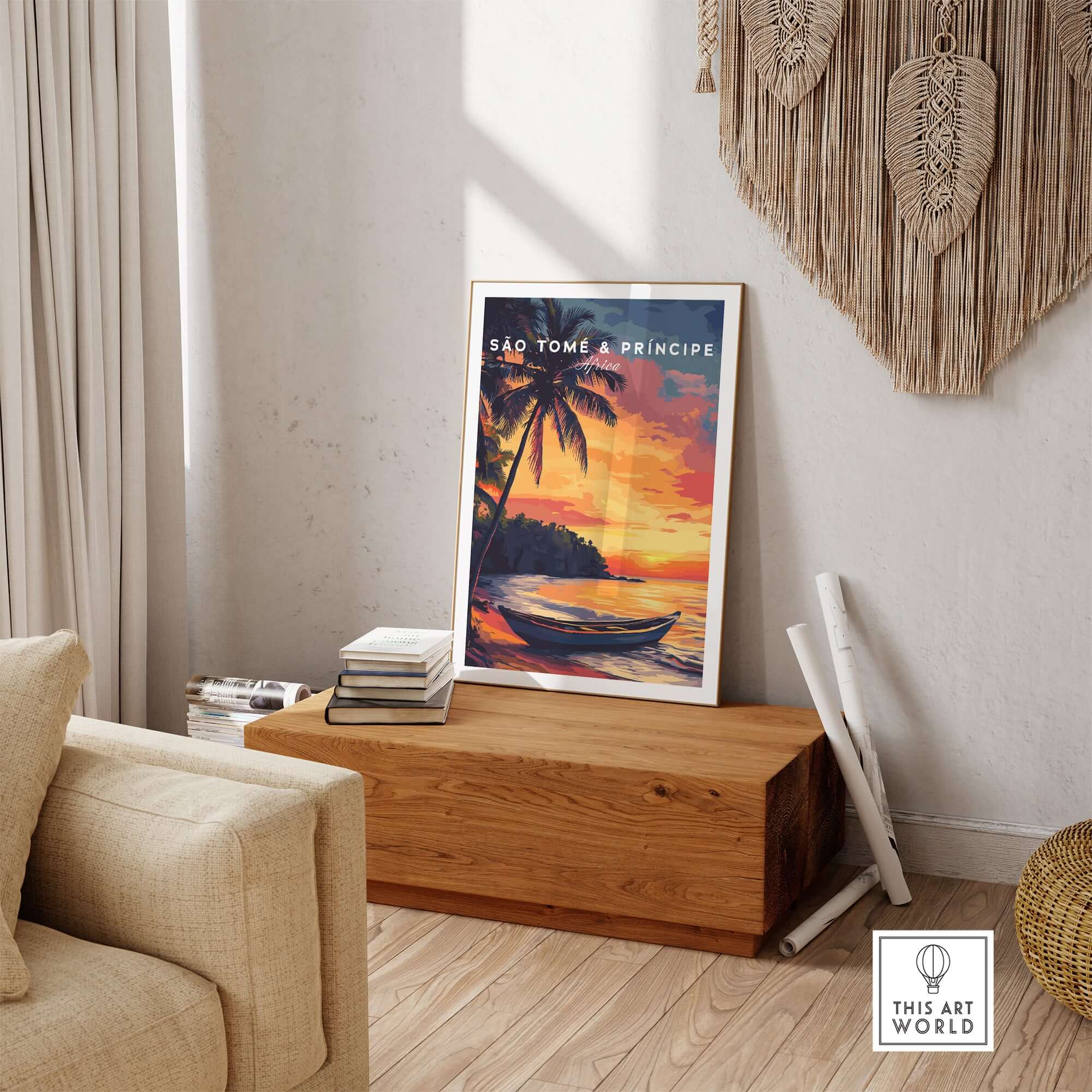São Tomé Sunset Bliss - Beach Print showcasing a vibrant sunset and tropical scene in a stylish room.