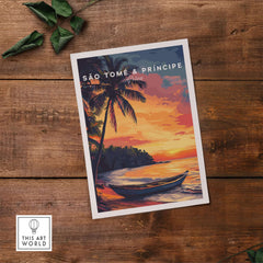 São Tomé Sunset Bliss - Beach Print featuring vibrant sunset and palm trees over a serene beach landscape.