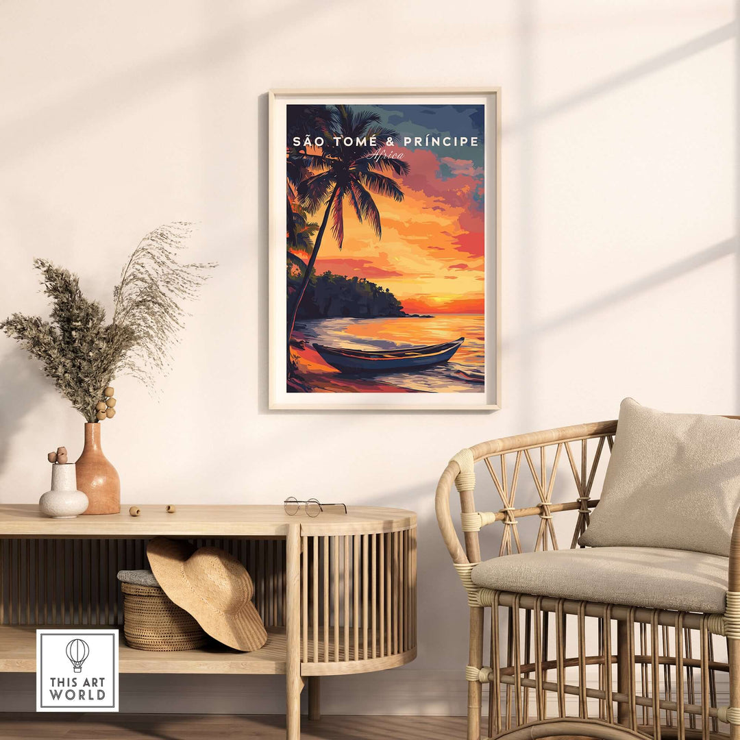 São Tomé Sunset Bliss beach print in a stylish living room, showcasing tropical sunset and serenity.