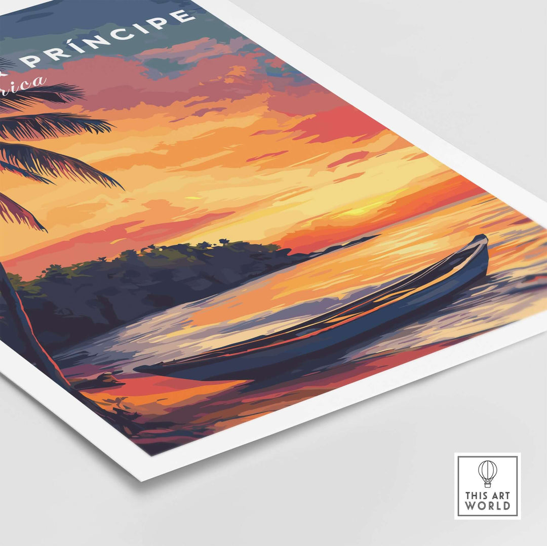 São Tomé Sunset Bliss beach print featuring a serene sunset over the ocean with a boat and palm trees.