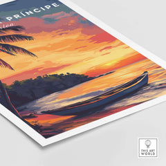 São Tomé Sunset Bliss - Beach Print featuring a serene coastal sunset with palm trees and a boat.