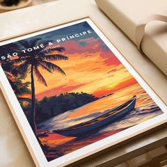 São Tomé Sunset Bliss - Beach Print featuring a vibrant sunset and palm trees over the ocean.
