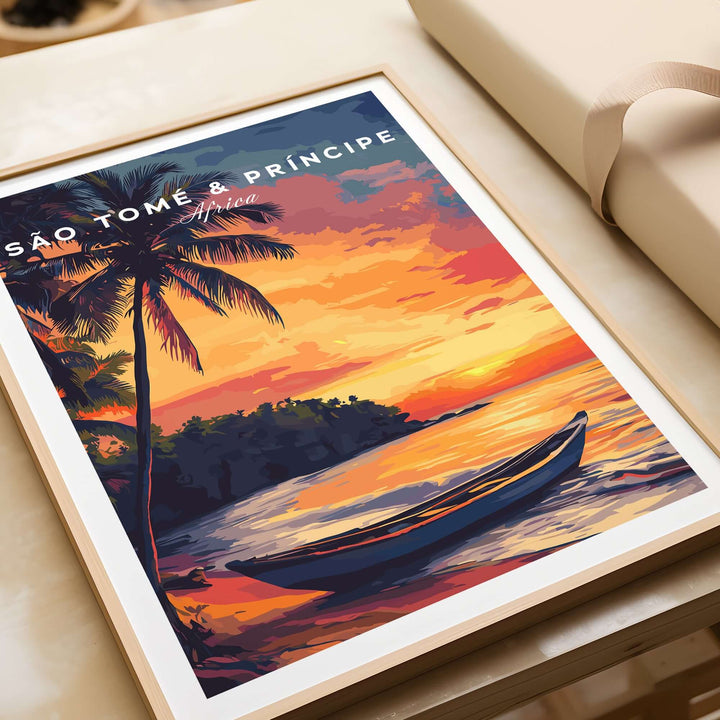 São Tomé Sunset Bliss beach print featuring vibrant sunset colors and a serene boat scene for tropical decor inspiration.