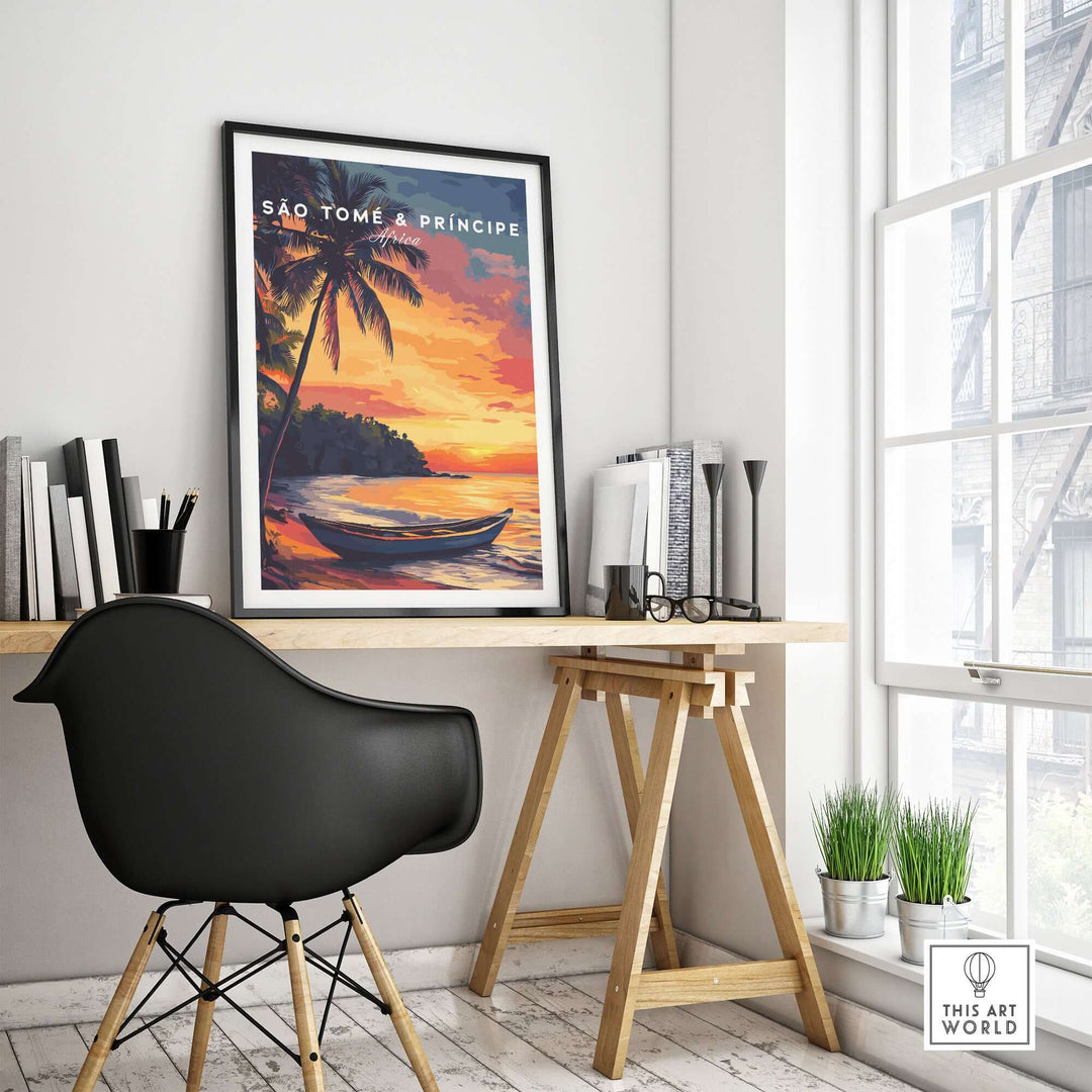 São Tomé Sunset Bliss beach print in a modern room setting, showcasing vibrant colors and tropical scenery.