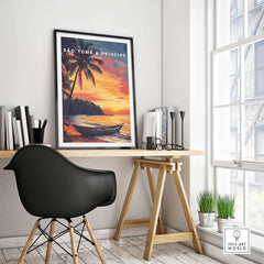 São Tomé Sunset Bliss - Beach Print in a stylish home office setting with a view.