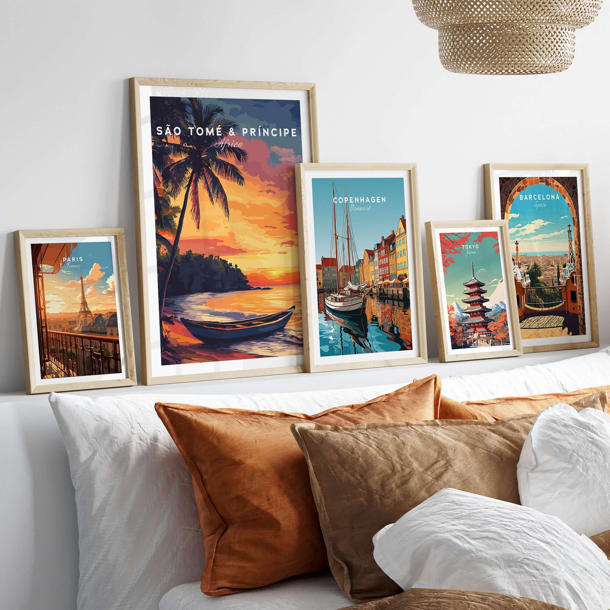 São Tomé Sunset Bliss - Beach Print displayed among travel posters on a stylish wall.