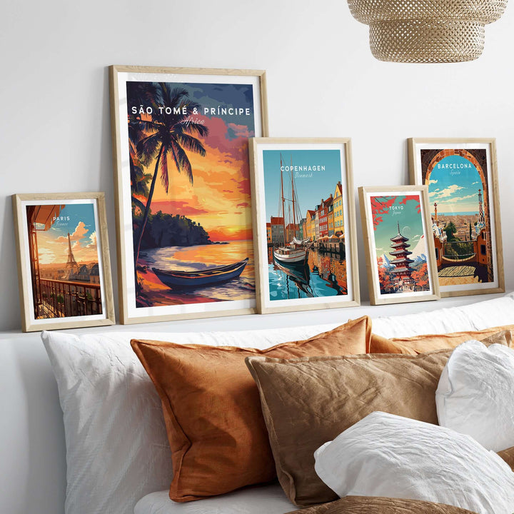 São Tomé Sunset Bliss beach print and travel art collection displayed on a stylish wall above cozy bedding.