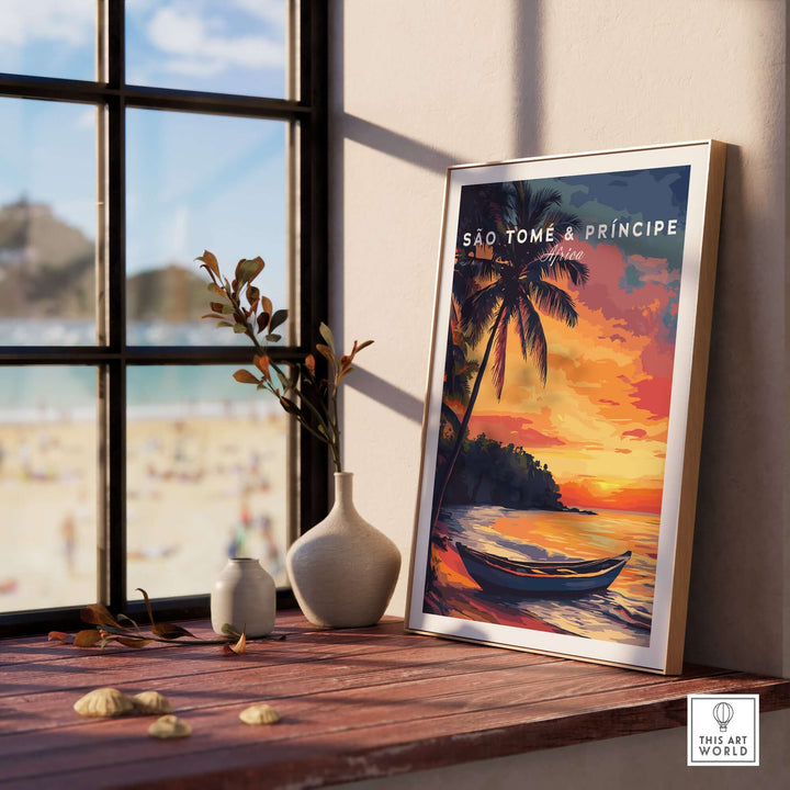 Framed São Tomé & Príncipe beach print showcasing a vibrant sunset and tropical scenery.