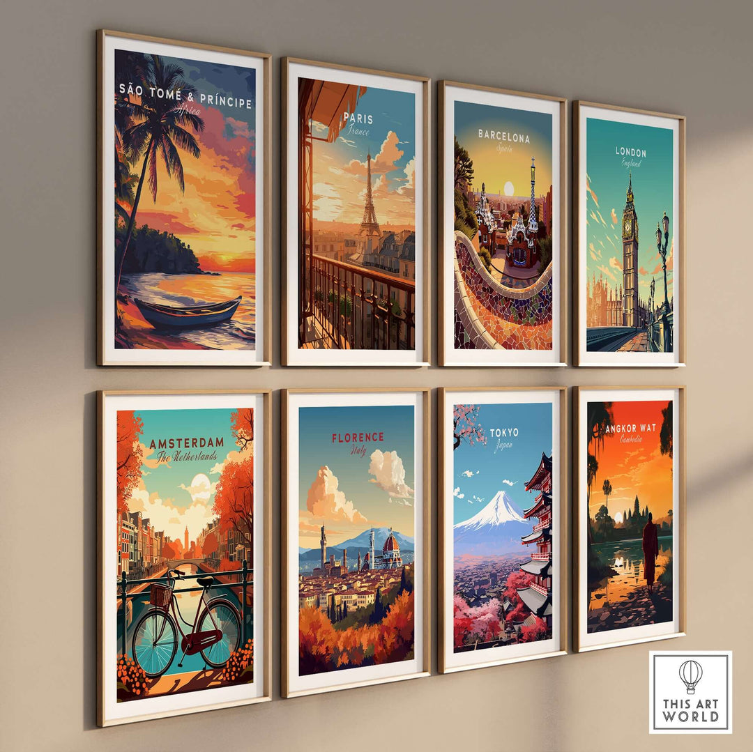 Gallery of framed travel posters featuring São Tomé, Paris, Barcelona, London, Amsterdam, Florence, Tokyo, and Bangkok.