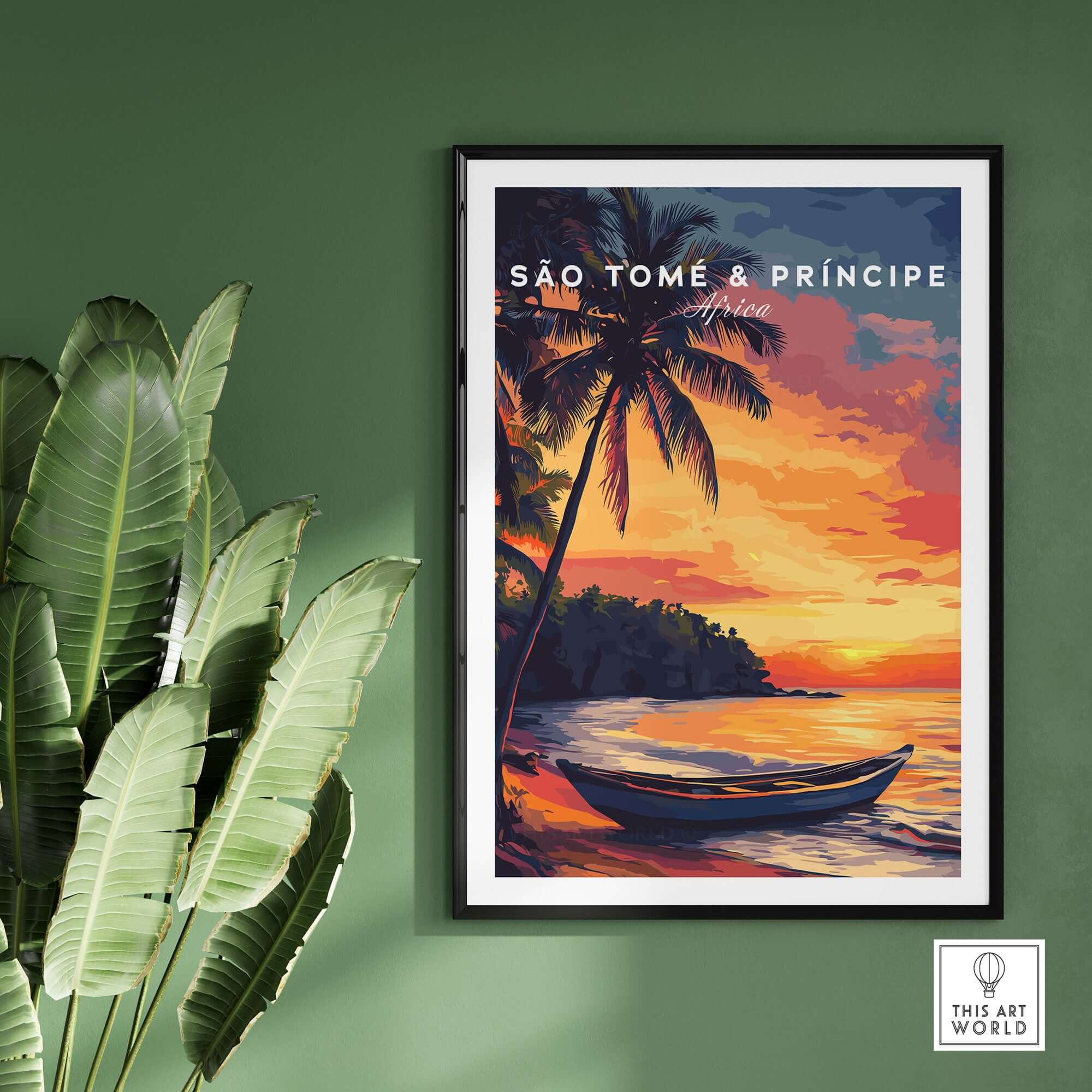 São Tomé Sunset Bliss - Beach Print featuring a tropical sunset with a boat and palm trees.