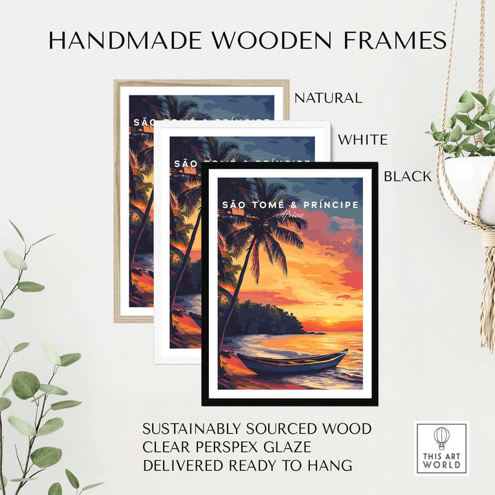 Handmade wooden frames in natural, white, and black for the São Tomé Sunset Bliss beach print, ready to hang.