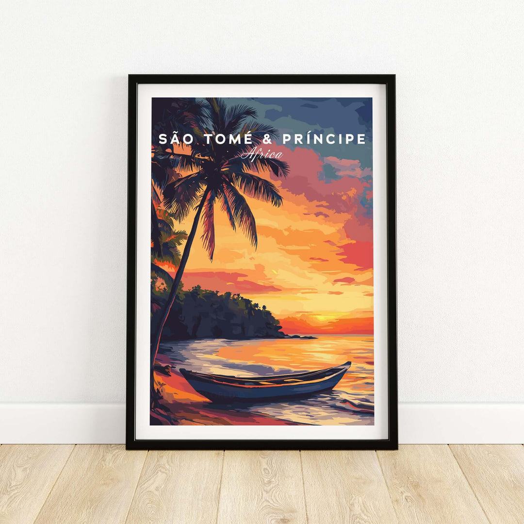 Framed São Tomé Beach Print showcasing sunset colors, palm trees, and a boat by the shore, evoking tropical paradise vibes.