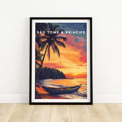 São Tomé Sunset Bliss - Beach Print featuring a vibrant sunset and a boat on the shore.