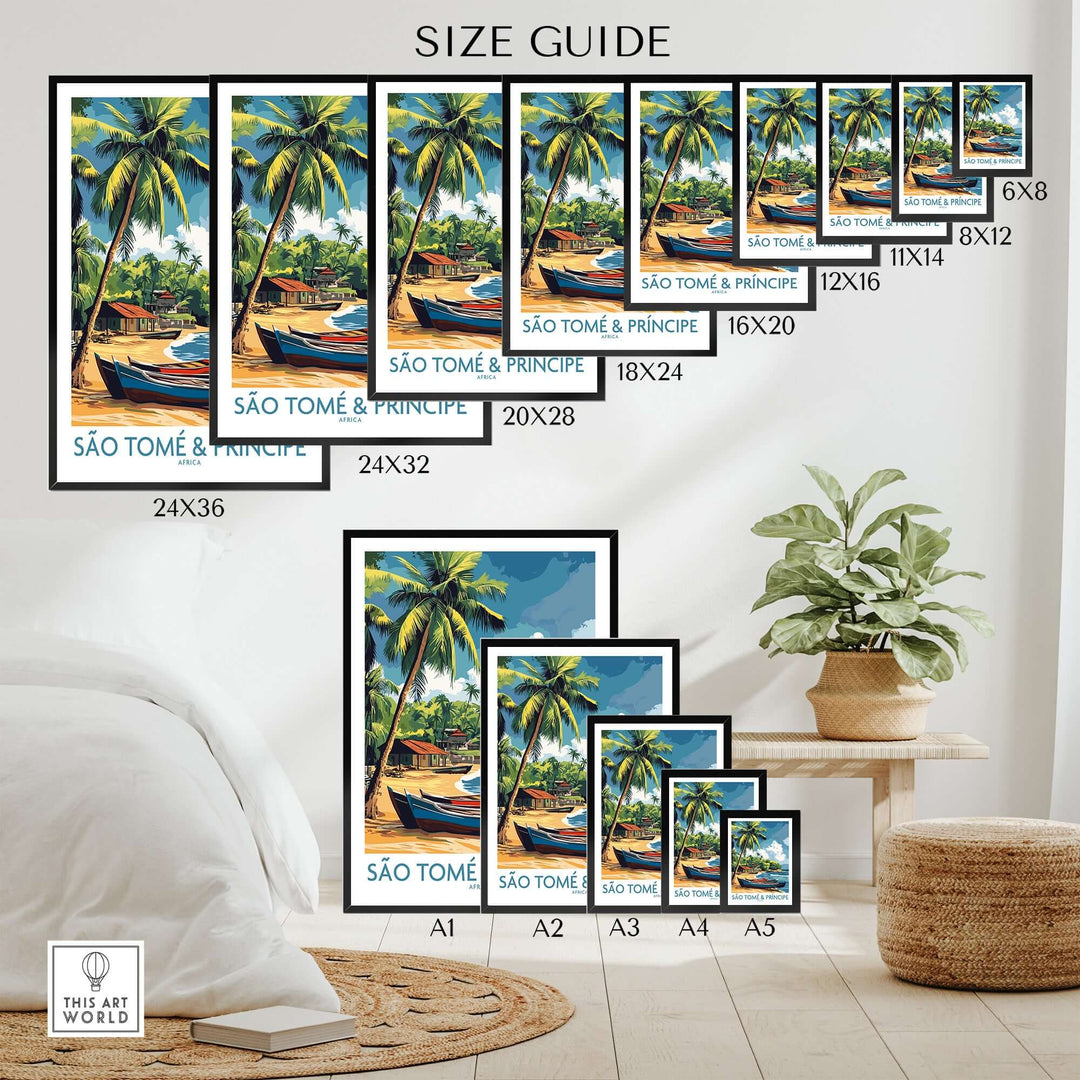 Size guide for São Tomé travel posters, showcasing various frame sizes and a tropical beach design.