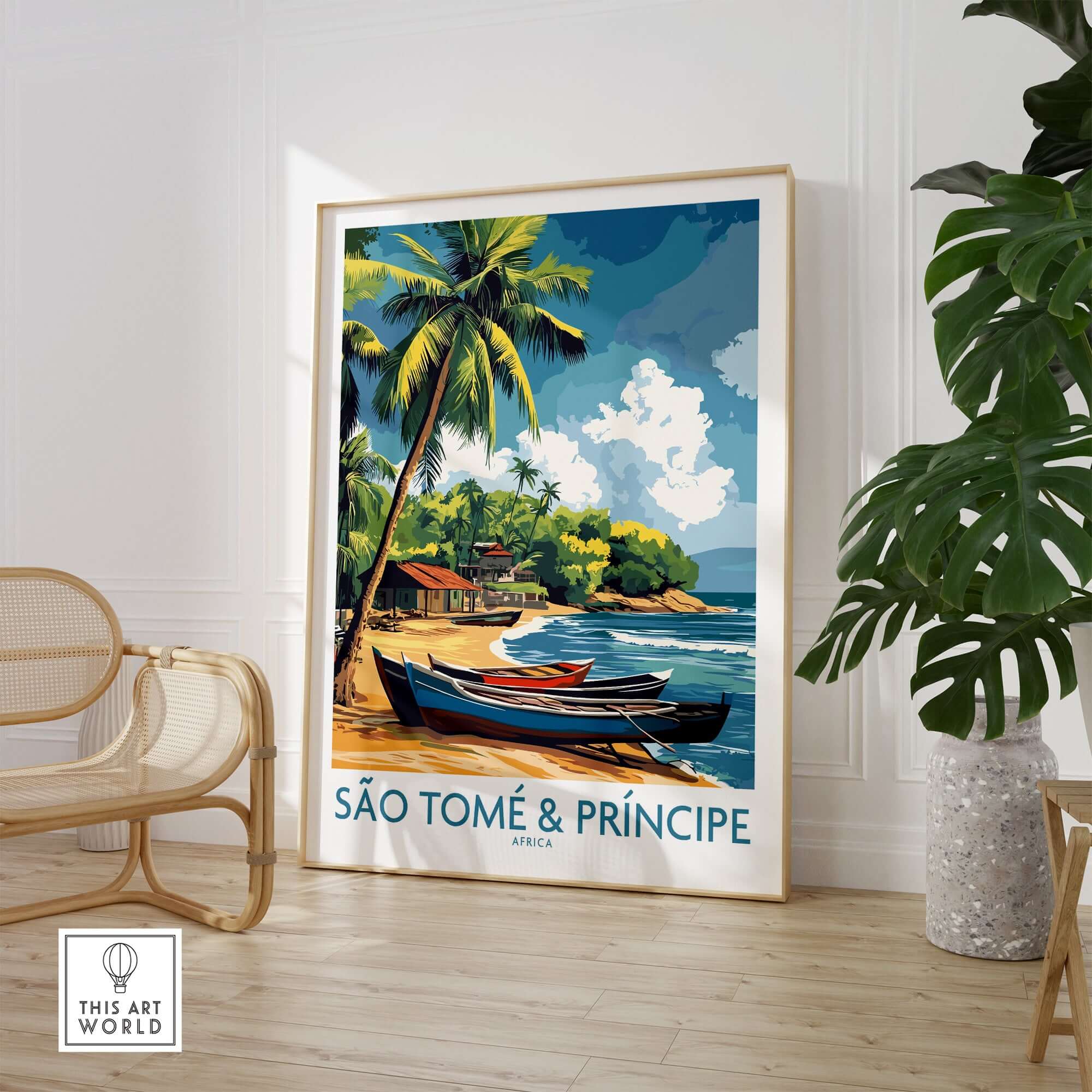 São Tomé Travel Poster featuring a vibrant beach scene with palm trees and boats, perfect for inspiring wanderlust.