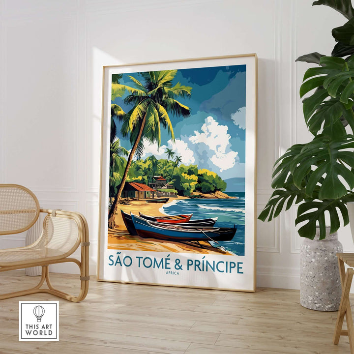 São Tomé travel poster showcasing a scenic beach with palm trees and boats, inspiring wanderlust for Africa.