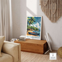 São Tomé Travel Poster featuring a vibrant beach scene and tropical palms, perfect for wanderlust inspiration.