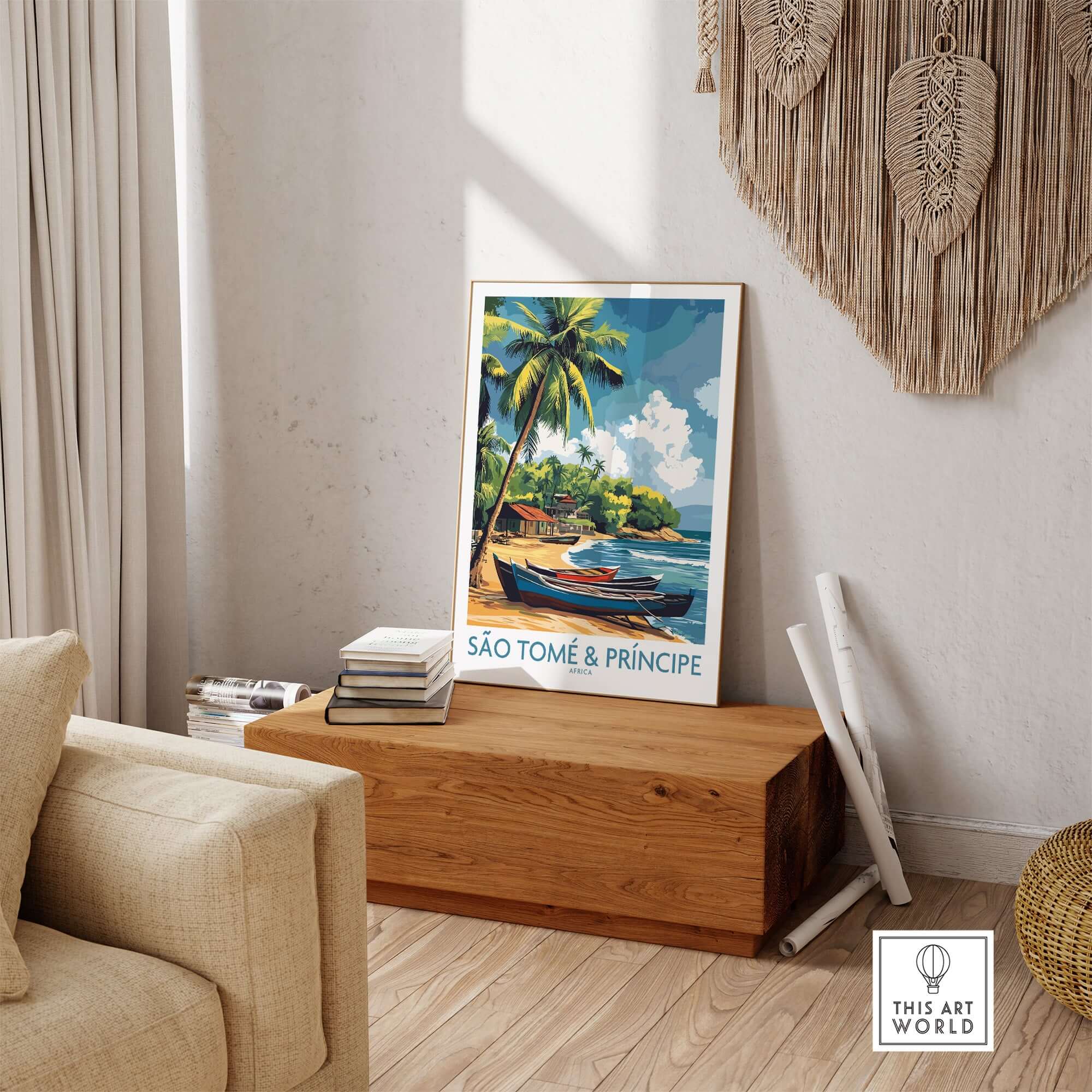 São Tomé Travel Poster featuring a vibrant beach scene and tropical palms, perfect for wanderlust inspiration.