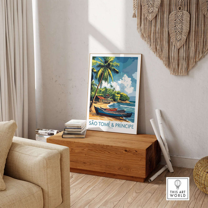 São Tomé travel poster with a vibrant beach scene, displayed in a cozy living room setting.