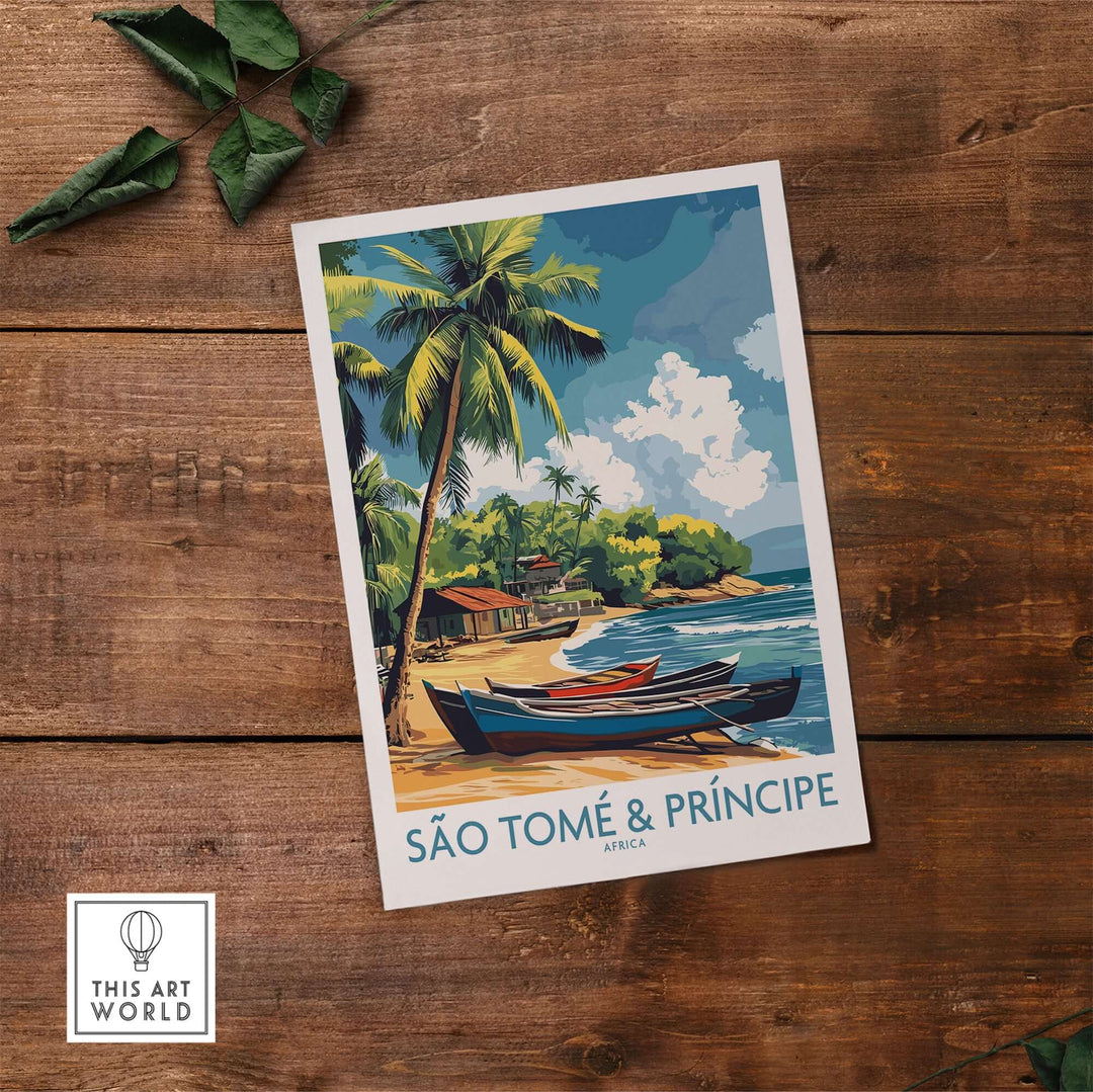 São Tomé travel poster featuring a beach scene with palm trees and boats, perfect for wanderlust inspiration.