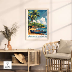 São Tomé Travel Poster showcasing a vibrant beach scene with colorful boats and palm trees in a stylish interior setting.