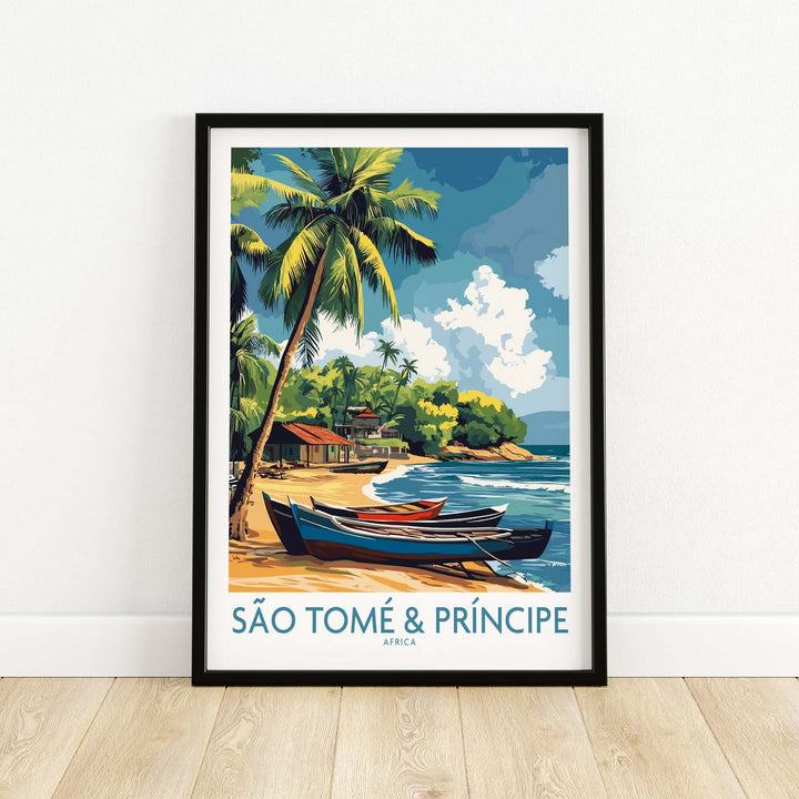 Vibrant São Tomé travel poster featuring a beach scene with palm trees and boats, perfect for wanderlust inspiration.