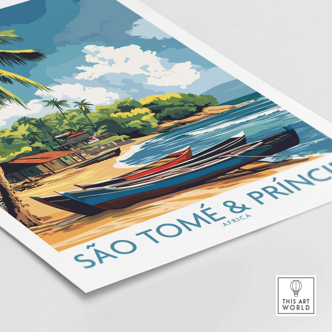 Vibrant São Tomé travel poster featuring beach, boats, and lush tropical scenery.