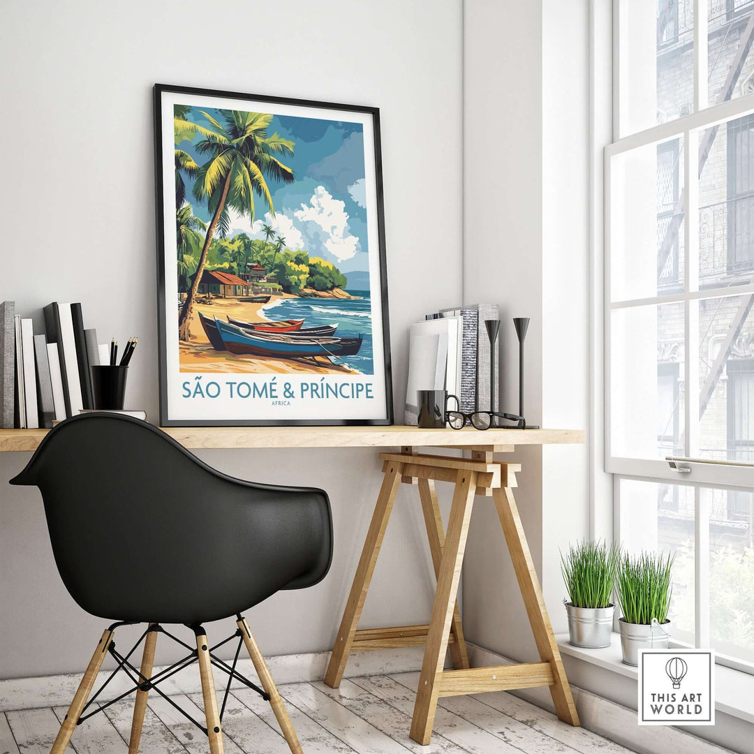 São Tomé travel poster displayed in a modern workspace featuring a beach scene and palm trees.