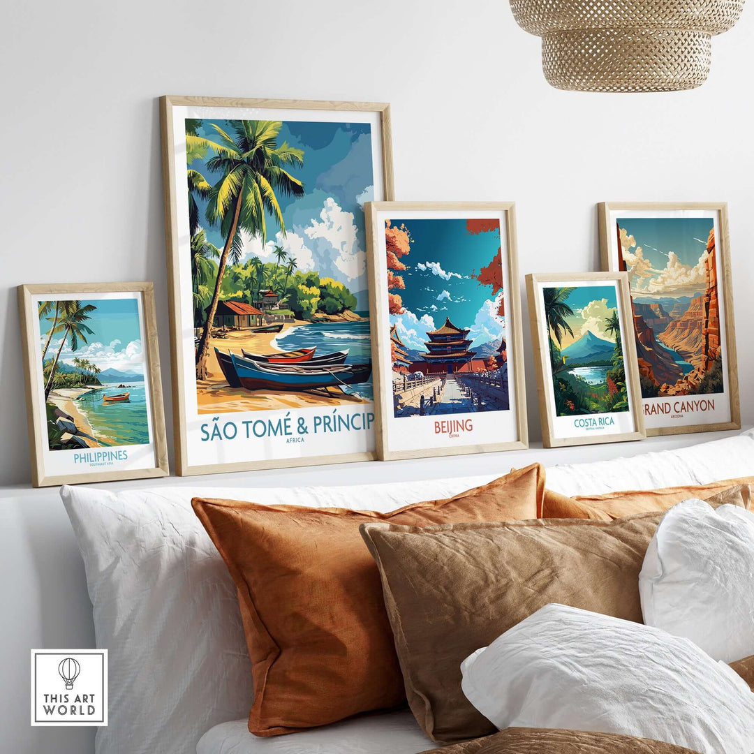 A collection of travel posters including São Tomé, Beijing, Costa Rica, and the Grand Canyon displayed on a wall.