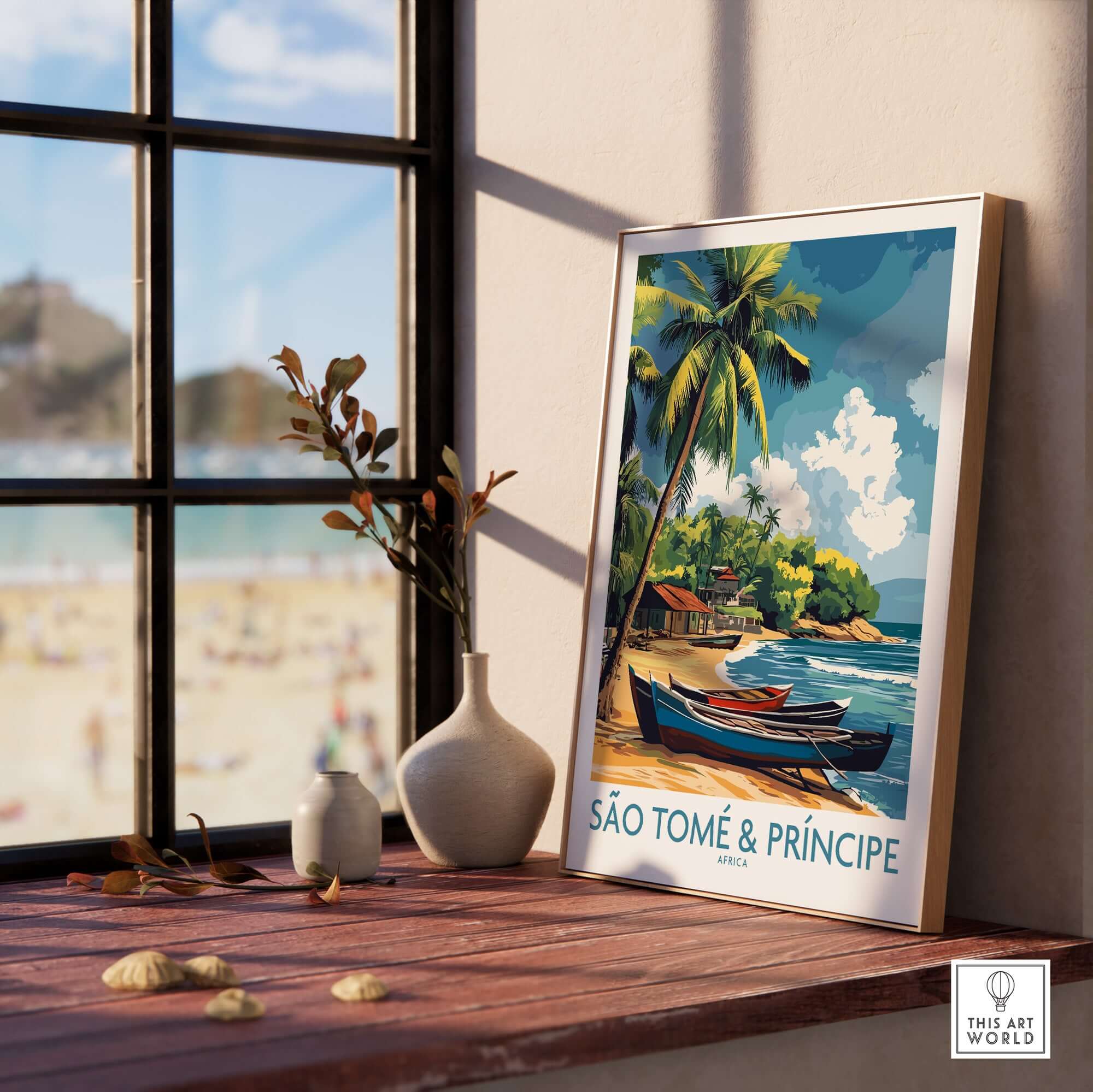 São Tomé Travel Poster featuring a beautiful beach scene and tropical landscape in a cozy home setting.