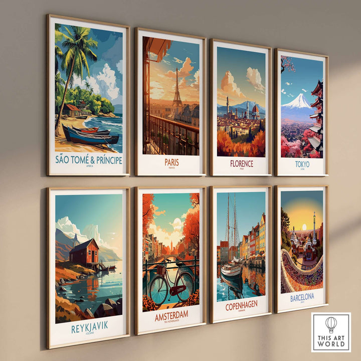 Collection of vibrant travel posters featuring São Tomé, Paris, Florence, Tokyo, Reykjavik, Amsterdam, Copenhagen, and Barcelona.