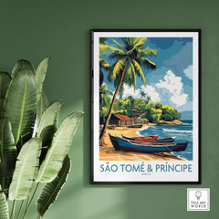 São Tomé Travel Poster featuring a beach scene with palm trees and boats, perfect for wanderlust and home decor.