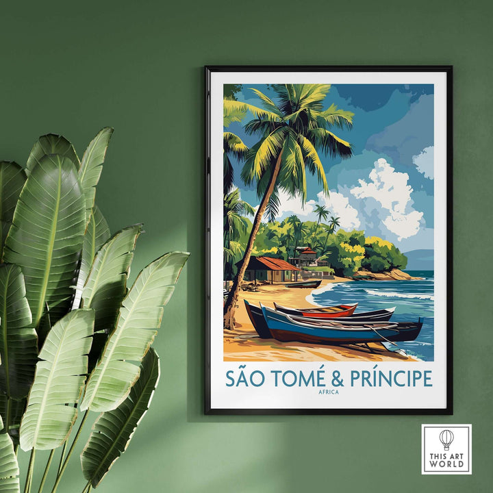 São Tomé travel poster showcasing a beautiful beach scene with palm trees and traditional boats, perfect for wanderlust inspiration.