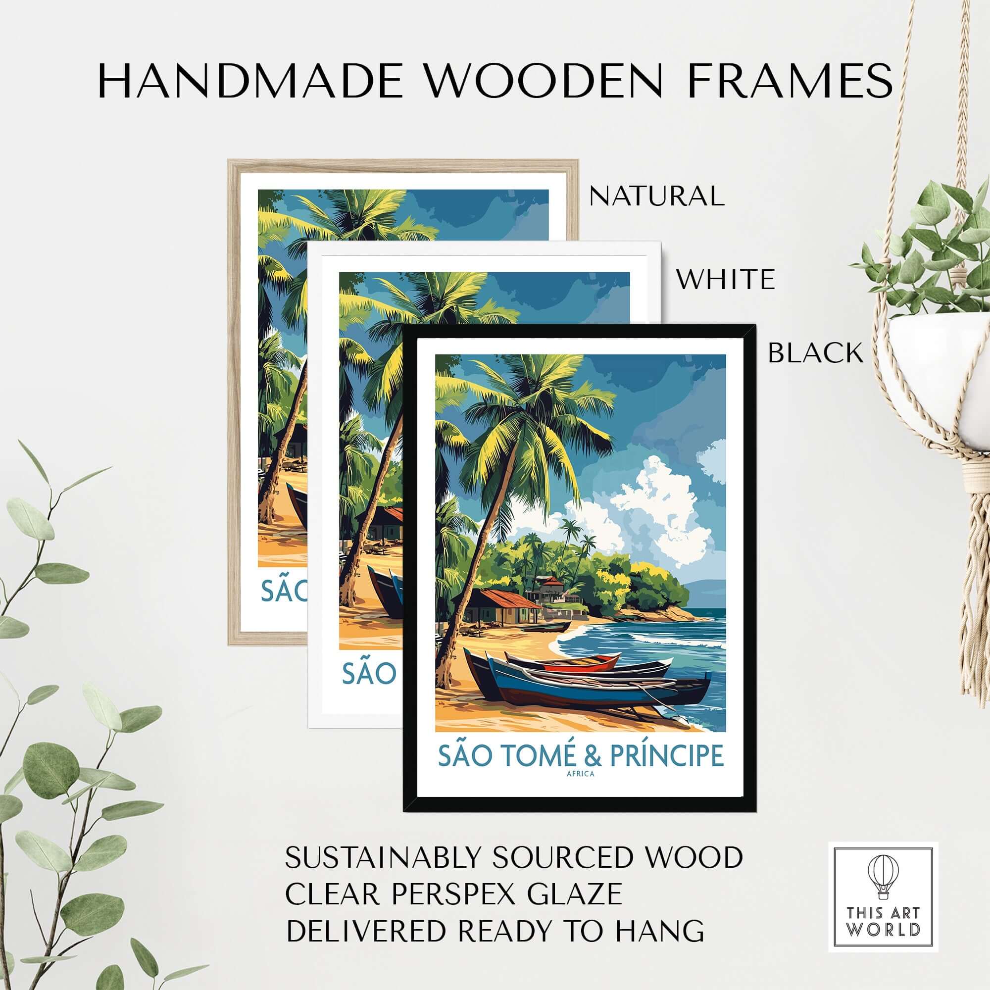 Handmade wooden frames for São Tomé Travel Poster in natural, white, and black finishes.