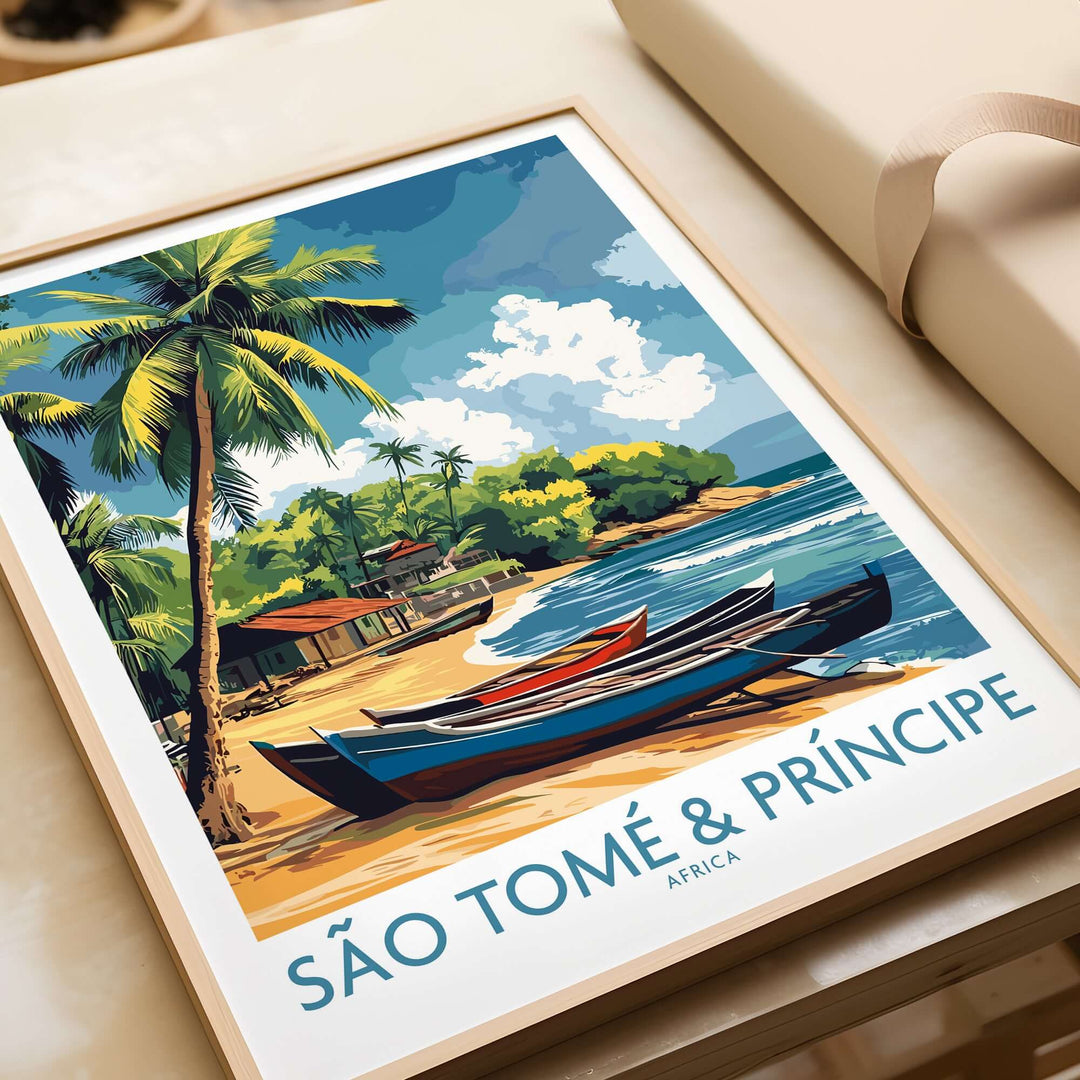 São Tomé travel poster featuring a beach scene with palm trees and colorful boats, perfect for wanderlust inspiration.