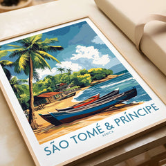 São Tomé Travel Poster featuring a vibrant beach scene and tropical palm trees.