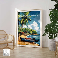 São Tomé and Príncipe Poster - Tropical Bliss Art displayed in a cozy home setting with tropical scenery.